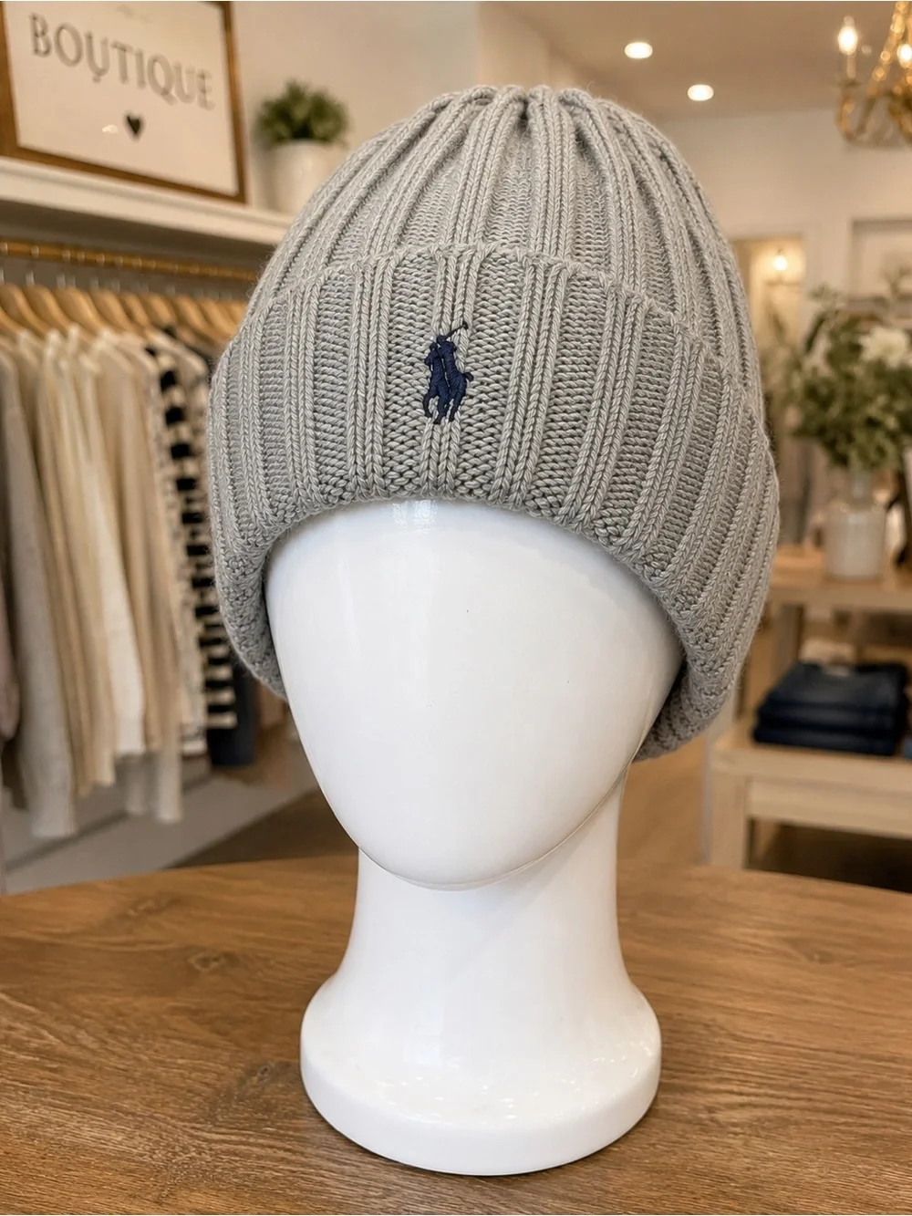 Polo Ralph Lauren Kids Beanie Hat Gray Rib Knit Navy Embroidered Pony Logo OS